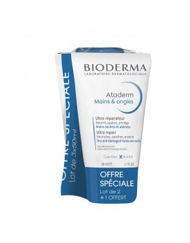 Soin ultra-hyratant Atoderm Mains & ongles Peaux sèches et abîmées Bioderma - 3x50ml